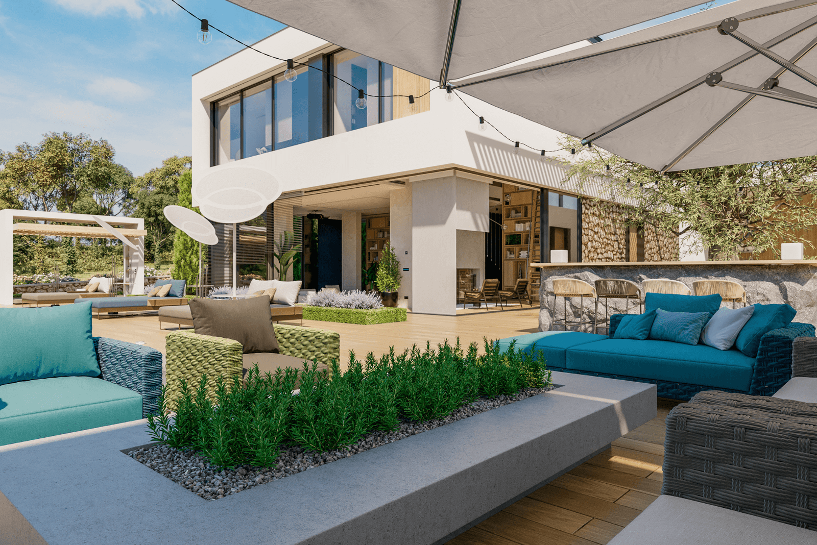 Amenagement extérieur d'une terrasse de maison d'hotes de luxe hauteurs campagne moselle